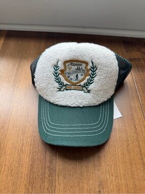 Anthropologie Green and White Sherpa Crest Trucker Hat